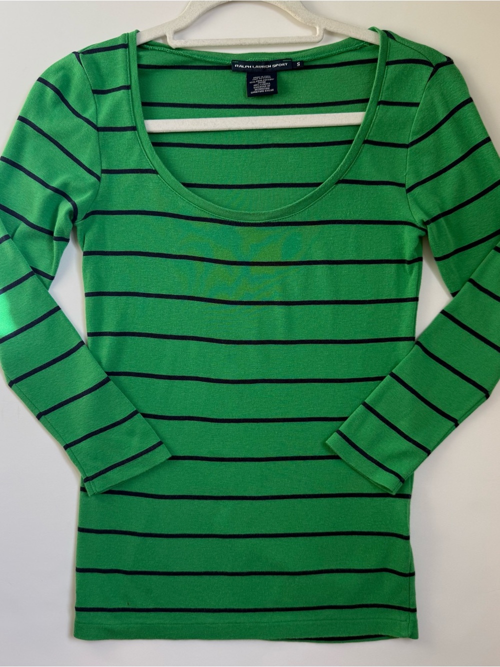 Ralph Lauren Sport Green Navy Striped Knit Scoop Neck Top Womens Size Small